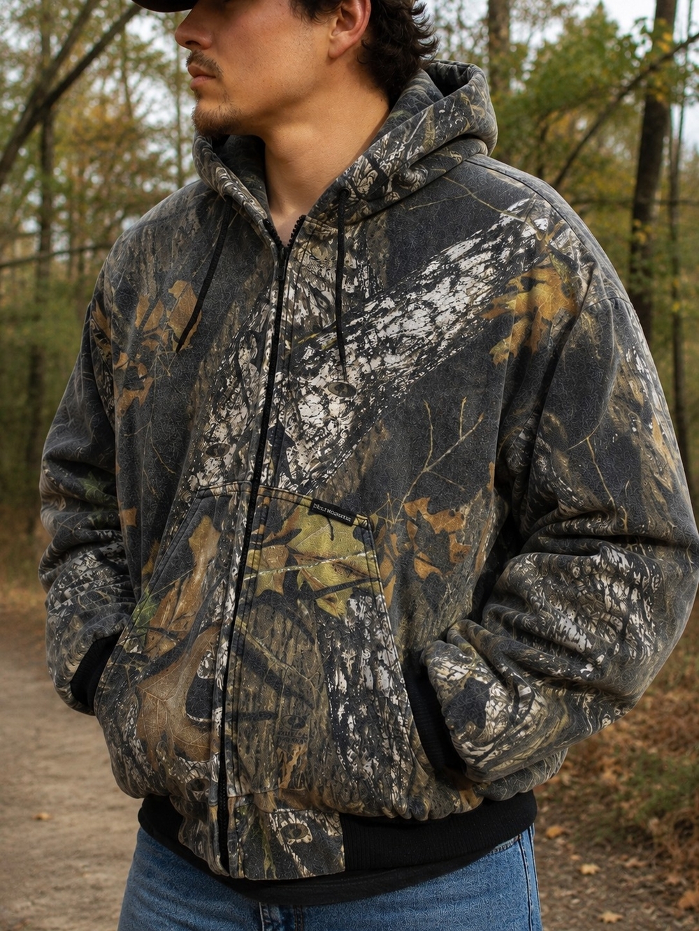 Vtg Wolf Mountain Hunting Wear Camo Jacket Mens  Zipper With Hood Distressed XL